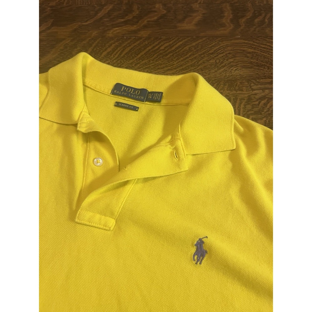 Polo Ralph Lauren‎ Shirt Men's XL Yellow Cotton Short Sleeve Purple Pony Classic